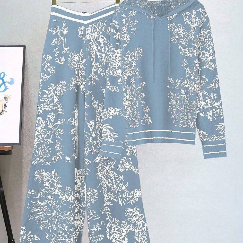Baby Blue Casual Women's Printed 2-Piece Sweater Set